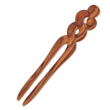 CrystalMood Handmade Carved Flat Back 2-Prong Rosewood Twist Hair Stick